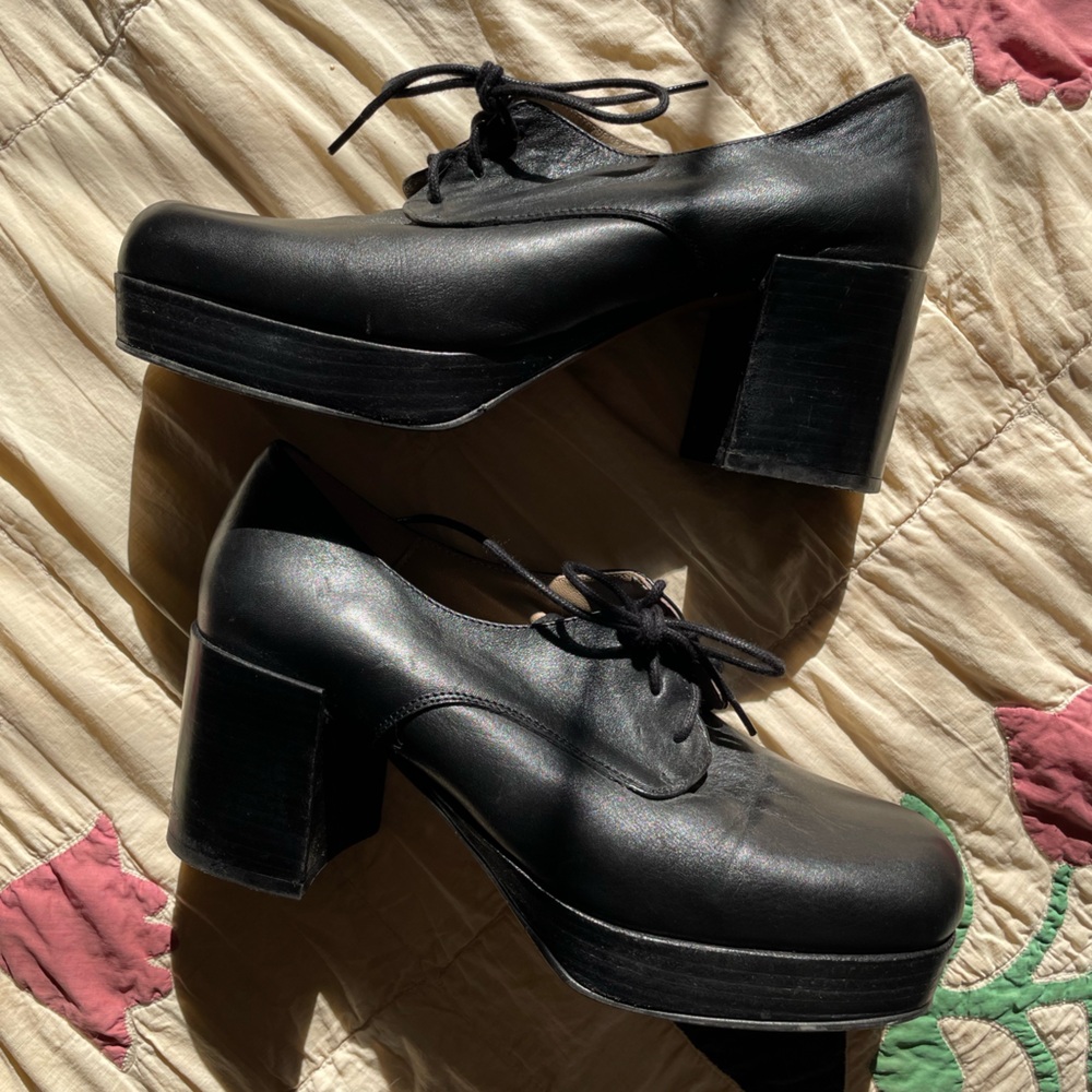 Black Leather Platform Lace-Up Heels